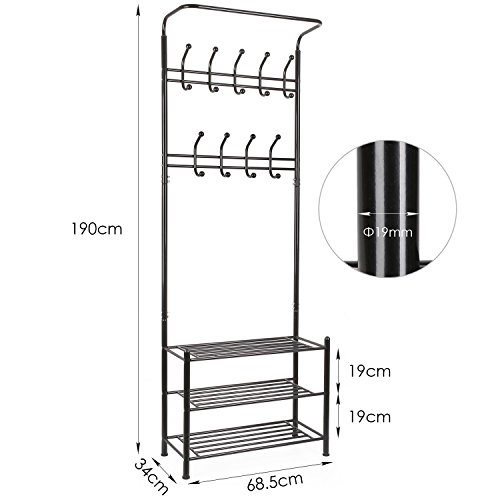 HOMFA Scaffale Appendiabiti Stand Attaccapanni Mobile in Ferro con 20 Ganci + 3 Piani per Ingresso Casa Bagno Altezza 190cm Carico 60kg (Nero) - 2