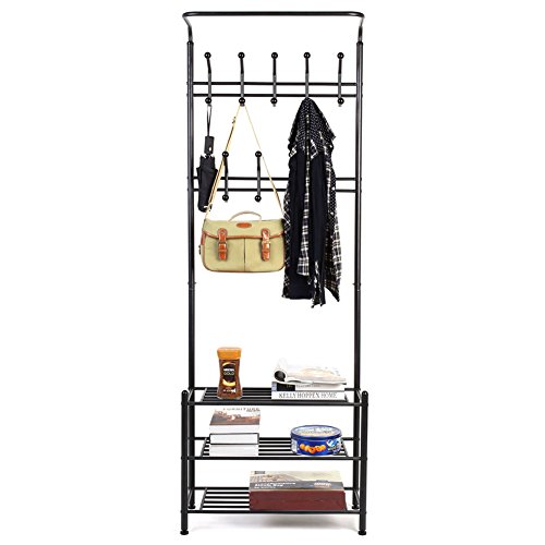 HOMFA Scaffale Appendiabiti Stand Attaccapanni Mobile in Ferro con 20 Ganci + 3 Piani per Ingresso Casa Bagno Altezza 190cm Carico 60kg (Nero) - 7