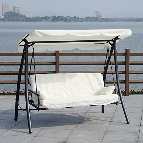 Outsunny Dondolo da Giardino 3 Posti con Tetto Reclinabile Trasformabile Letto in Poliestere Crema 200 x 125 x 170cm - 2