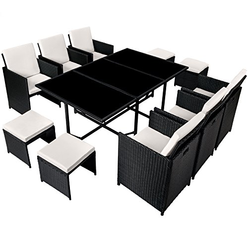 TecTake Set di mobili da giardino poli rattan arredamento set | 6 Sedie + 1 Tavolo + 4 Sgabelli | Involucro protettivo | - disponibile in diversi colori - (Nero | no. 402828) - 7