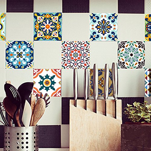 EXTSUD Adesivi per Piastrelle Stile Mediterraneo Wall Stickers da Mattonelle Parete in PVC Impermeabile Autoadesivo Decorazione per Cucina Bagno Fai da Te Set di 10 Pezzi - 2