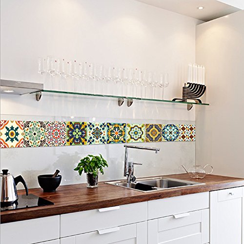 EXTSUD Adesivi per Piastrelle Stile Mediterraneo Wall Stickers da Mattonelle Parete in PVC Impermeabile Autoadesivo Decorazione per Cucina Bagno Fai da Te Set di 10 Pezzi - 4