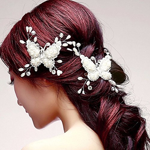 Set di 2 fermagli per capelli a forma di farfalla, da matrimonio, con perle e strass. - 2