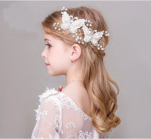 Set di 2 fermagli per capelli a forma di farfalla, da matrimonio, con perle e strass. - 5