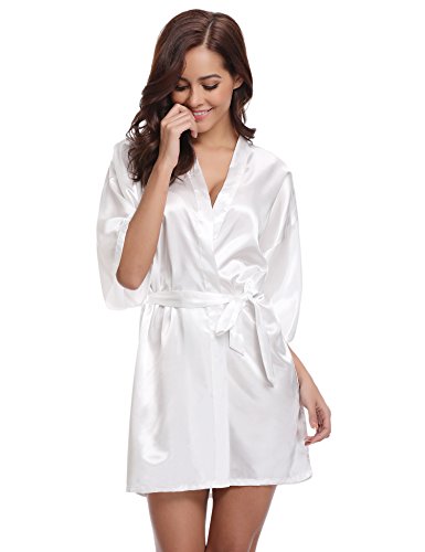 Aibrou Donna Pigiama Kimono, Scollo V Elegante Vestaglia Corta in Raso, Camicia da Notte con Cintura - 3