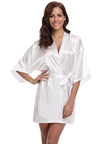 Aibrou Donna Pigiama Kimono, Scollo V Elegante Vestaglia Corta in Raso, Camicia da Notte con Cintura - 4