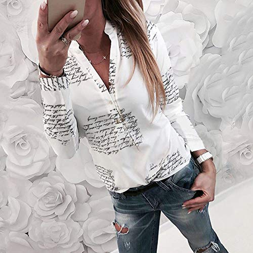 Donna Moda Camicetta，POLPqeD Primavera Estiva Lettere Stampa Tops V Neck Pulsante Maniche Lunghe T-Shirt Casuale Poliestere Sottile Camicie - 2