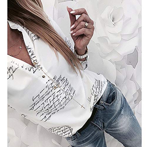 Donna Moda Camicetta，POLPqeD Primavera Estiva Lettere Stampa Tops V Neck Pulsante Maniche Lunghe T-Shirt Casuale Poliestere Sottile Camicie - 3