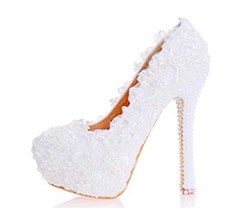 Kitzen Donna Bianca Pizzo Fiori Scarpe Corte Scarpe Da Sposa Sposa Da Sposa Abito Da Damigella D'Onore Scarpe Moda Stiletto Confortevole, 36 (jan pinelli) - 2