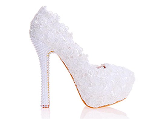 Kitzen Donna Bianca Pizzo Fiori Scarpe Corte Scarpe Da Sposa Sposa Da Sposa Abito Da Damigella D'Onore Scarpe Moda Stiletto Confortevole, 36 (jan pinelli) - 3