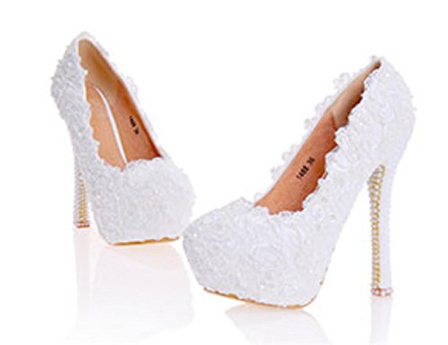 Kitzen Donna Bianca Pizzo Fiori Scarpe Corte Scarpe Da Sposa Sposa Da Sposa Abito Da Damigella D'Onore Scarpe Moda Stiletto Confortevole, 36 (jan pinelli) - 5