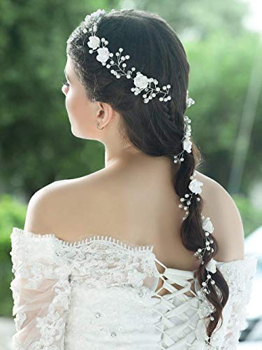 Handcess, fascia per capelli da matrimonio, argentata con strass, per sposa e damigelle – 100 cm - 8