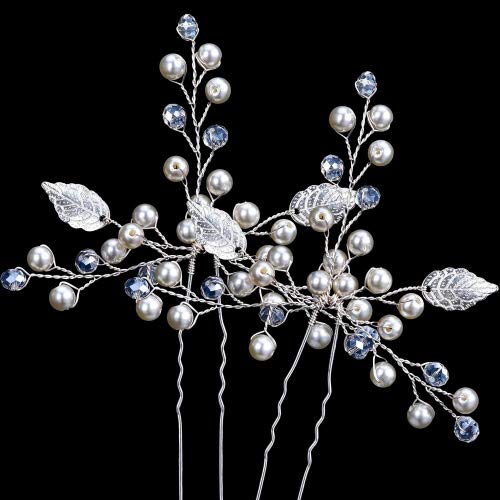 4 Pezzi Argento Forcina per Capelli da Sposa Set e Perla Strass Clip Capelli Gioielli Accessori per Donne e Ragazze - 4