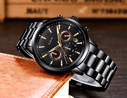 LIGE Orologi Da Uomo Impermeabile Sport Acciaio Inossidabile Analogico Al Quarzo Orologio Nero moda Rotondo Classico Cronografo - 3