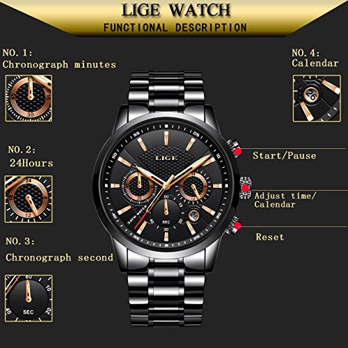 LIGE Orologi Da Uomo Impermeabile Sport Acciaio Inossidabile Analogico Al Quarzo Orologio Nero moda Rotondo Classico Cronografo - 5