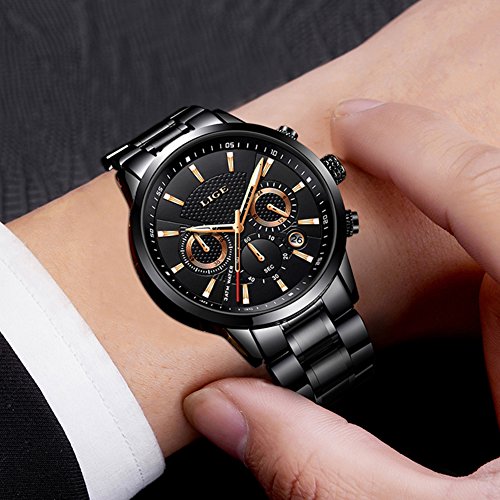 LIGE Orologi Da Uomo Impermeabile Sport Acciaio Inossidabile Analogico Al Quarzo Orologio Nero moda Rotondo Classico Cronografo - 6