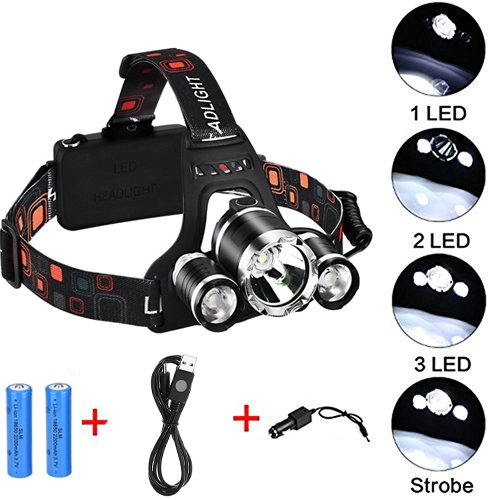 aiqi 6000 Lumen High Power LED Headlamp by, Batteria 3 CREE XM-L T6 fari Luminosi, Impermeabile Testa Torcia Frontale per Outdoor Campeggio Escursionismo Caccia Ciclismo Running - 2