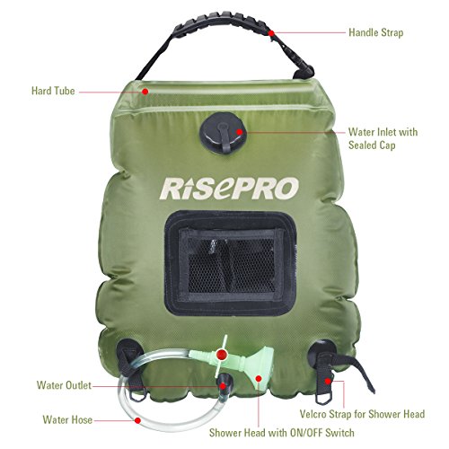 Borsa per doccia solare, Risepro®, 20 l, borsa da campeggio per doccia con acqua calda ad una temperatura di 45 C; soffione rimovibile, flessibile, on/off adatto per campeggio, scalate - 3