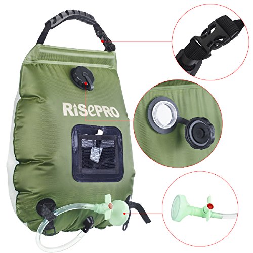 Borsa per doccia solare, Risepro®, 20 l, borsa da campeggio per doccia con acqua calda ad una temperatura di 45 C; soffione rimovibile, flessibile, on/off adatto per campeggio, scalate - 4