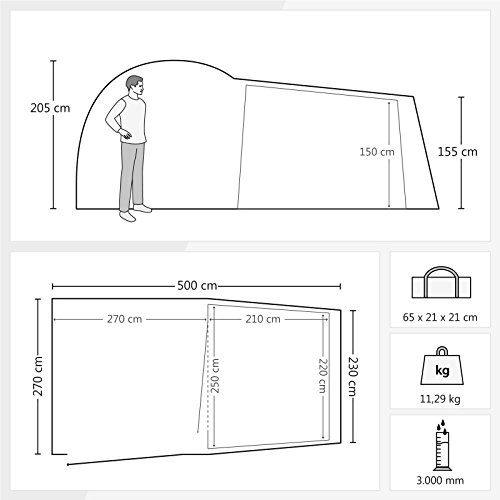 JUSTCAMP Parker 3 Tenda da Campeggio 3 posti, Tenda Igloo (500 x 270 x 205 cm) - 2