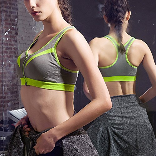 Aogolouk Reggiseno sportivo da donna Cerniera cinghie larghe imbottite Reggiseno Yoga Supporto ad alto impatto Push Up Flex per Pilates Fitness Esercizio Corsa (Verde, S) - 5