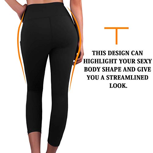 Leggings Sportivi Donna,Donna Capri Leggings con tasche laterali,Maglia Eleganti Leggings Sport,REIDAY 3/4 Allenamento Opaco Yoga Fitness Spandex,Palestra Pantaloni Leggings Push Up (Nero, L) - 4