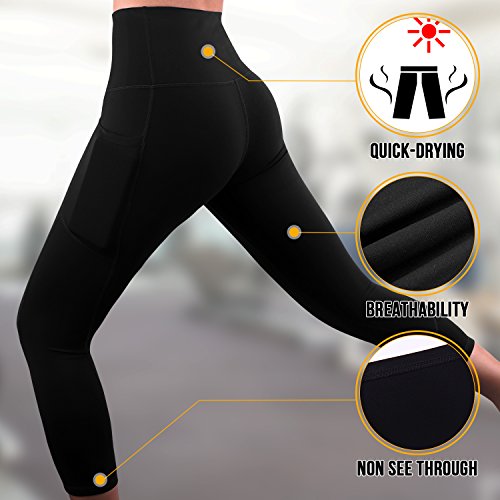 Leggings Sportivi Donna,Donna Capri Leggings con tasche laterali,Maglia Eleganti Leggings Sport,REIDAY 3/4 Allenamento Opaco Yoga Fitness Spandex,Palestra Pantaloni Leggings Push Up (Nero, L) - 5