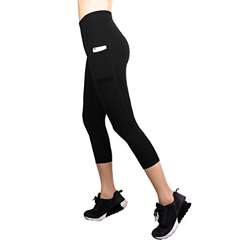 Leggings Sportivi Donna,Donna Capri Leggings con tasche laterali,Maglia Eleganti Leggings Sport,REIDAY 3/4 Allenamento Opaco Yoga Fitness Spandex,Palestra Pantaloni Leggings Push Up (Nero, L) - 9