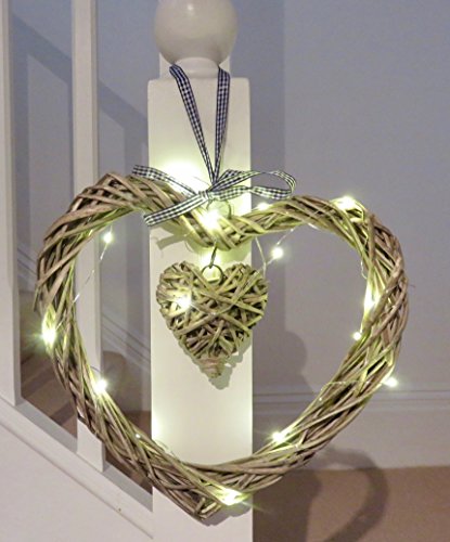 Grande cuore di vimini con piccolo cuore in legno illuminato, con 20 lampadine LED, 3 batterie AA incluse, diametro: 30 - 35 cm - 2