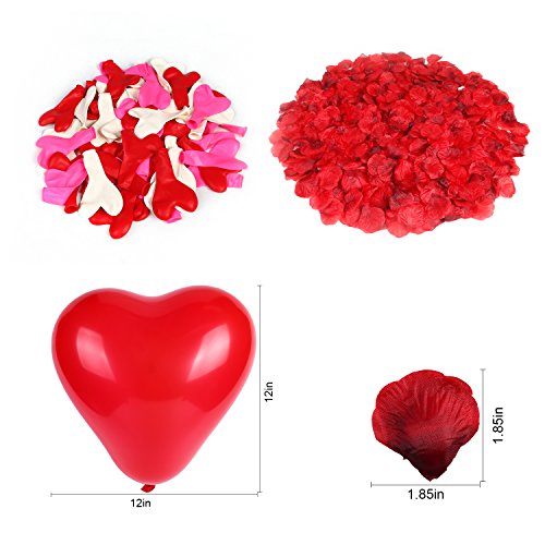 Howaf Palloncini a Forma di Cuore Lattice Palloncini Rosa Rossi Bianchi (60 Pezzi) e Rosso Seta Petali di Rosa (1000 Pezzi) per Matrimoni, Anniversari, San Valentino Decorazioni e Regalo per Lui lei - 2