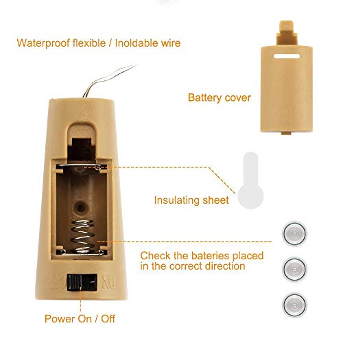 10 x 20 LED Luci per Bottiglie,MMTX 15 Pezzi Batteria di Ricambio,Luce bottiglia Bianco caldo, Luci stringa LED Luci d'atmosfera Bottiglia di vino, Luci stellate alimentate, feste [A+++] - 5