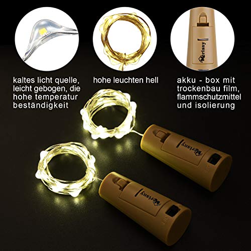 Merisny 9 x 20 LED Luci Stringa per Bottiglia di Vino,Filo d'argento,12 Pezzi Batteria di Ricambio,Bianco caldo, DIY, Matrimonio, Halloween, Idea regalo/Natale - 4