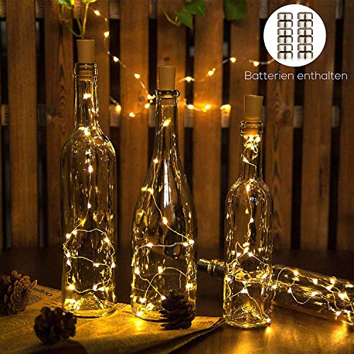 Merisny 9 x 20 LED Luci Stringa per Bottiglia di Vino,Filo d'argento,12 Pezzi Batteria di Ricambio,Bianco caldo, DIY, Matrimonio, Halloween, Idea regalo/Natale - 5