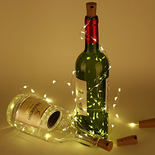 Merisny 9 x 20 LED Luci Stringa per Bottiglia di Vino,Filo d'argento,12 Pezzi Batteria di Ricambio,Bianco caldo, DIY, Matrimonio, Halloween, Idea regalo/Natale - 9