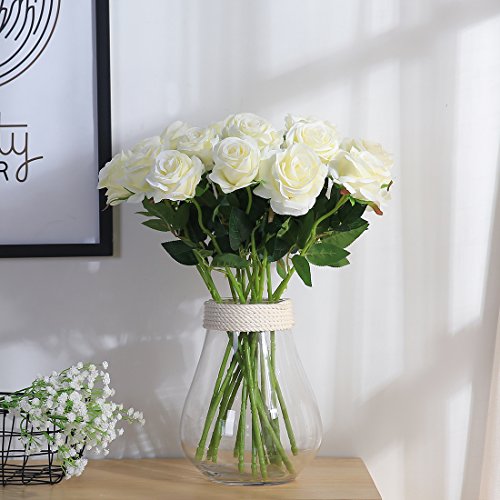 Justoyou - Rosa finta con stelo, singola, bocciolo in seta, per bouquet da sposa o decorazioni White - 2