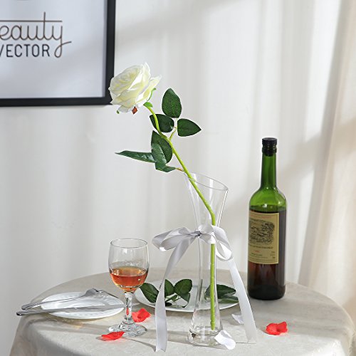 Justoyou - Rosa finta con stelo, singola, bocciolo in seta, per bouquet da sposa o decorazioni White - 4