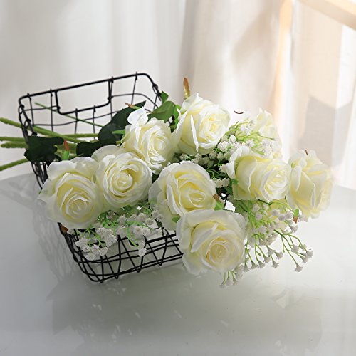 Justoyou - Rosa finta con stelo, singola, bocciolo in seta, per bouquet da sposa o decorazioni White - 5