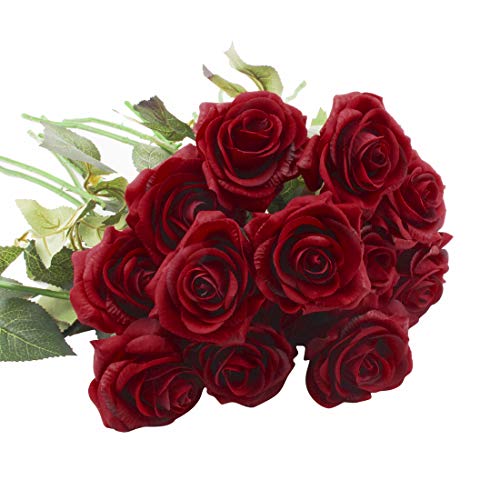 Cherrboll, 10 pezzi di bouquet di fiori artificiali morbidi al tatto, mazzo di rose fresche adatto per sposa, ricevimento nuziale, decorazione casa e giardino Dark Red - 3