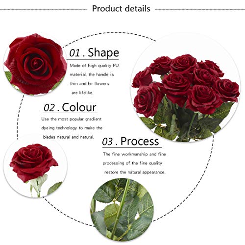 Cherrboll, 10 pezzi di bouquet di fiori artificiali morbidi al tatto, mazzo di rose fresche adatto per sposa, ricevimento nuziale, decorazione casa e giardino Dark Red - 4