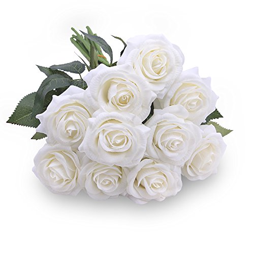 JUDY Rose Finte 10 PCS Fiori Finti Composizioni Floreali Bouquet da Sposa Decoration (Bianco) - 2