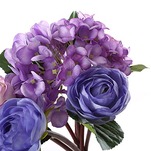 Felice - Bouquet di fiori artificiali in seta, con 7 ortensie e rose tea, 30 cm, per matrimoni, stanze, casa, hotel, decorazioni per feste e regali per festività Purple - 2