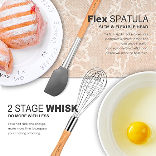 Godmorn – Set di utensili da cucina (9 pezzi), utensili da cucina in silicone antiaderente, per cucinare – silicone e acciaio inox e manico in legno – kit per pentole e padelle - 3