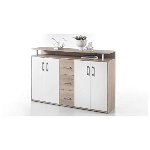 AVANTI TRENDSTORE – Comó in quercia Sonoma / bianco d’imitazione,  con 1 ripiano aperto, 3 cassetti e 4 ante a battente. Dimensioni: LAP 139x90x34 cm - 2