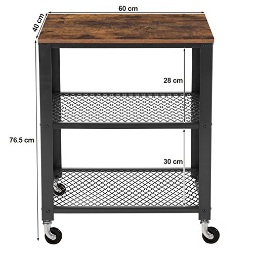 VASAGLE Carrello di Servizio Rustico, Carrello Cucina a 3 Piani, Portaoggetti Pesante, con Ripiano in Legno, Rotelle, per Cucina e Soggiorno, Vintage, Nero LRC78X - 6