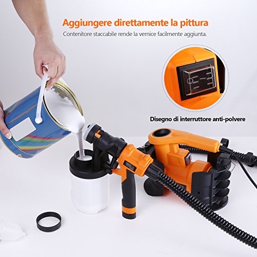 Pistola a Spruzzo 800W TACKLIFE SGP16AC Spruzzatore 6.5A, 110din/min di Spruzzo e Flusso Massimo di 1100ml/min, 3 Modalità di Pittura, 2 x Serbatoio 1200mL Tubo Flessibile 1.8m, Amovibile da Pulire - 4