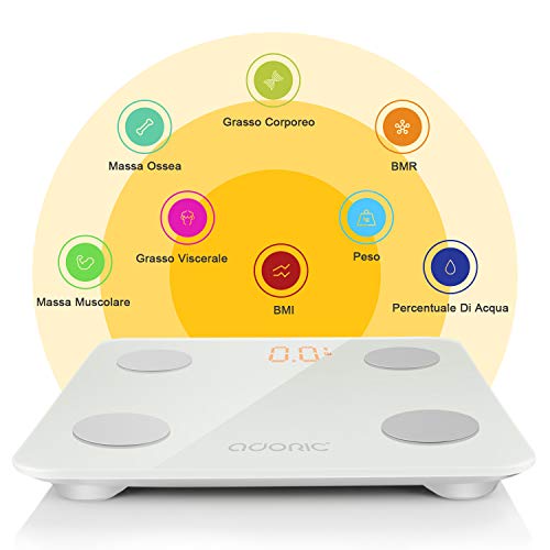 Adoric Bilancia Diagnostica Digitale Wireless, Grasso Corporeo Bilancia per IOS e Android, Misura Peso, Grasso, Liquidi, Massa Muscolare, BMI, BMR, Massa Ossea e Grasso Addominale.(Bianco) - 2