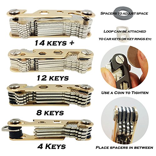 KEYTEC Compact Key Organizer (12-16 Keys) – Holder With Built-In Tools – Bottle Opener/Phone Stand – Frame Plus Anti Loosening Washer – Great Gift (Gold) - 5