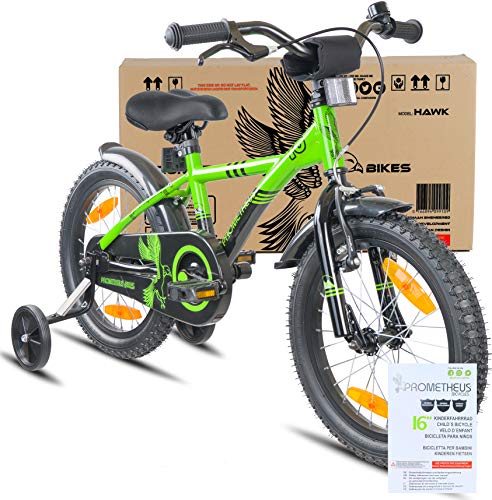 Prometheus Bicicletta per Bambini e Bambine da 5 Anni nei Colori Verde e Nero da 16 Pollici con rotelle e contropedale – BMX da 16″ Modello 2019 - 2